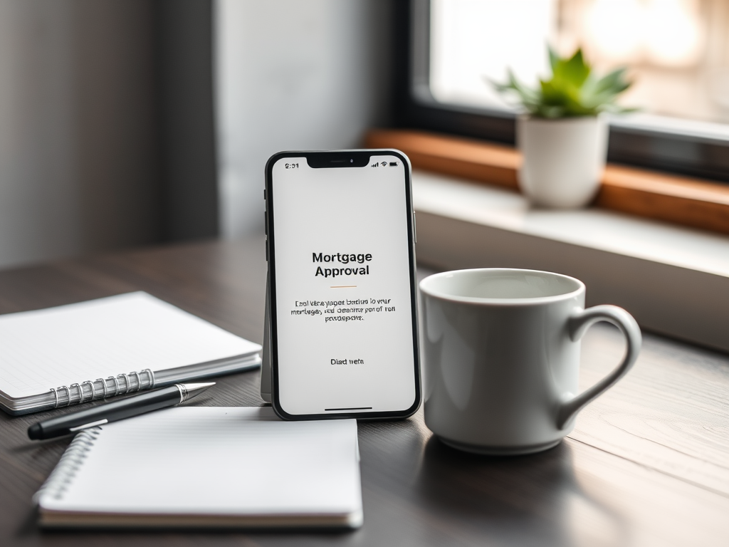 На изображении смартфон с текстом "Утверждение ипотеки", рядом блокнот и кружка на столе.