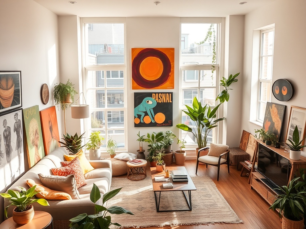 Светлая гостиная с зелеными растениями, современным декором и уютной мебелью. Яркие картины на стенах.