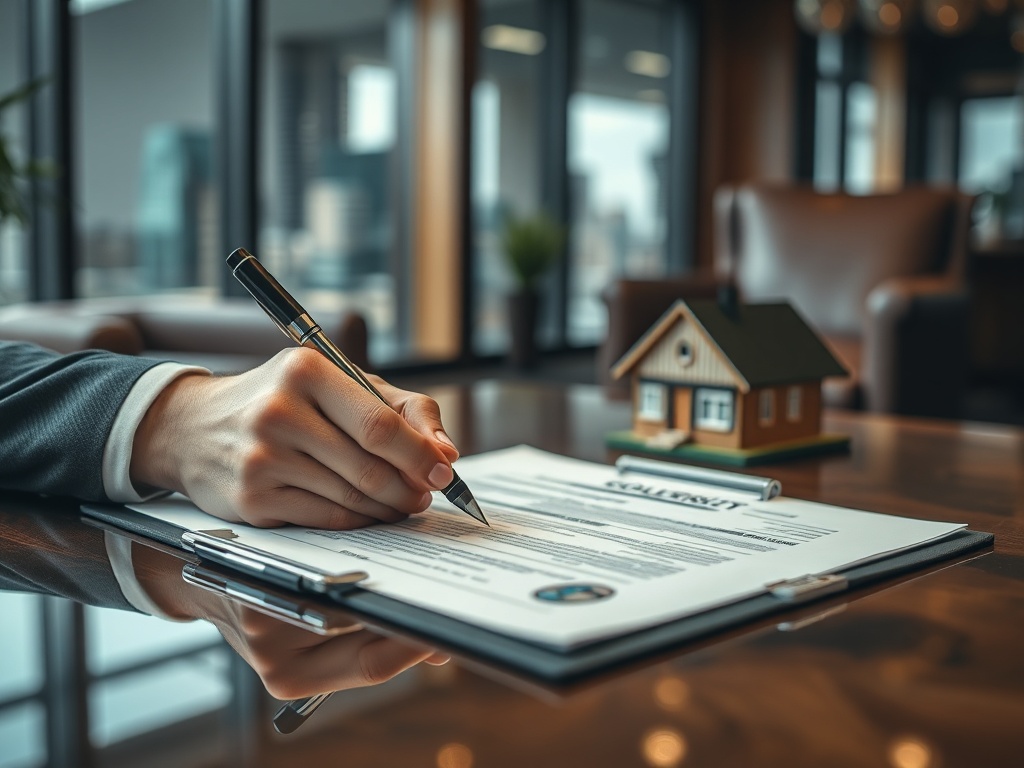 Рука в деловом костюме заполняет документы о недвижимости на столе с маленьким домиком.