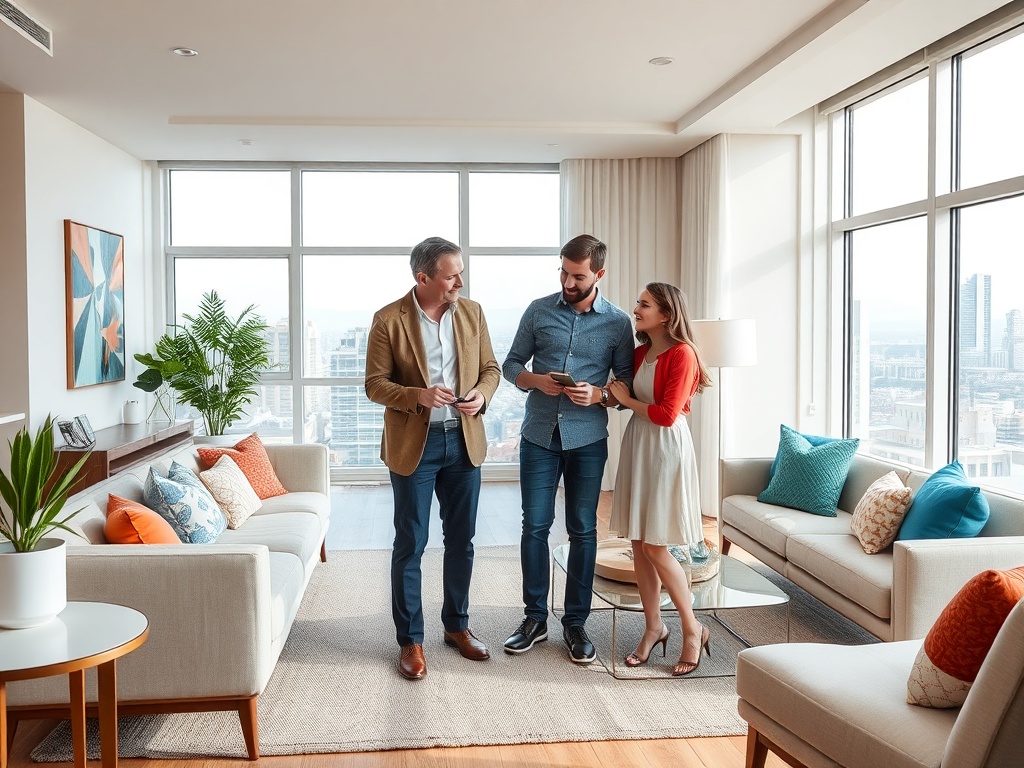 Трое людей обсуждают что-то в уютной квартире с панорамным видом на город.