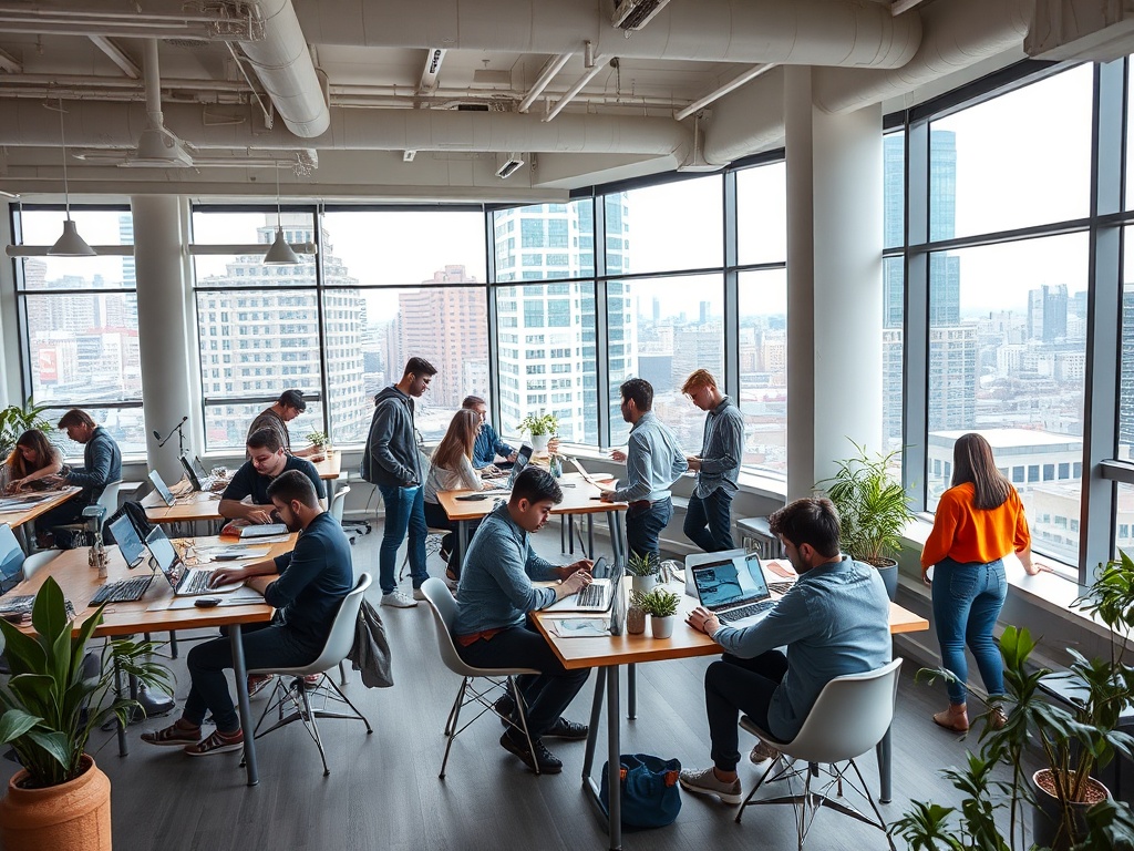 Современный офис с людьми, работающими за столами и смотрящими в окна с видом на город.