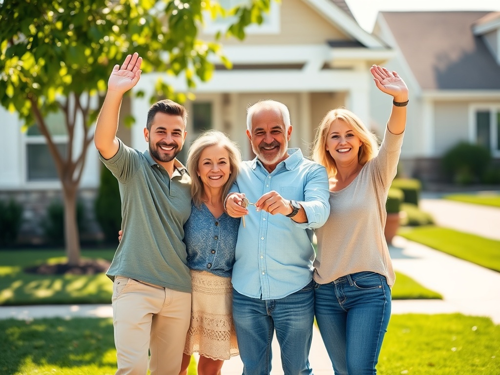 Счастливая группа людей позирует на улице у дома, все улыбаются и машут руками.