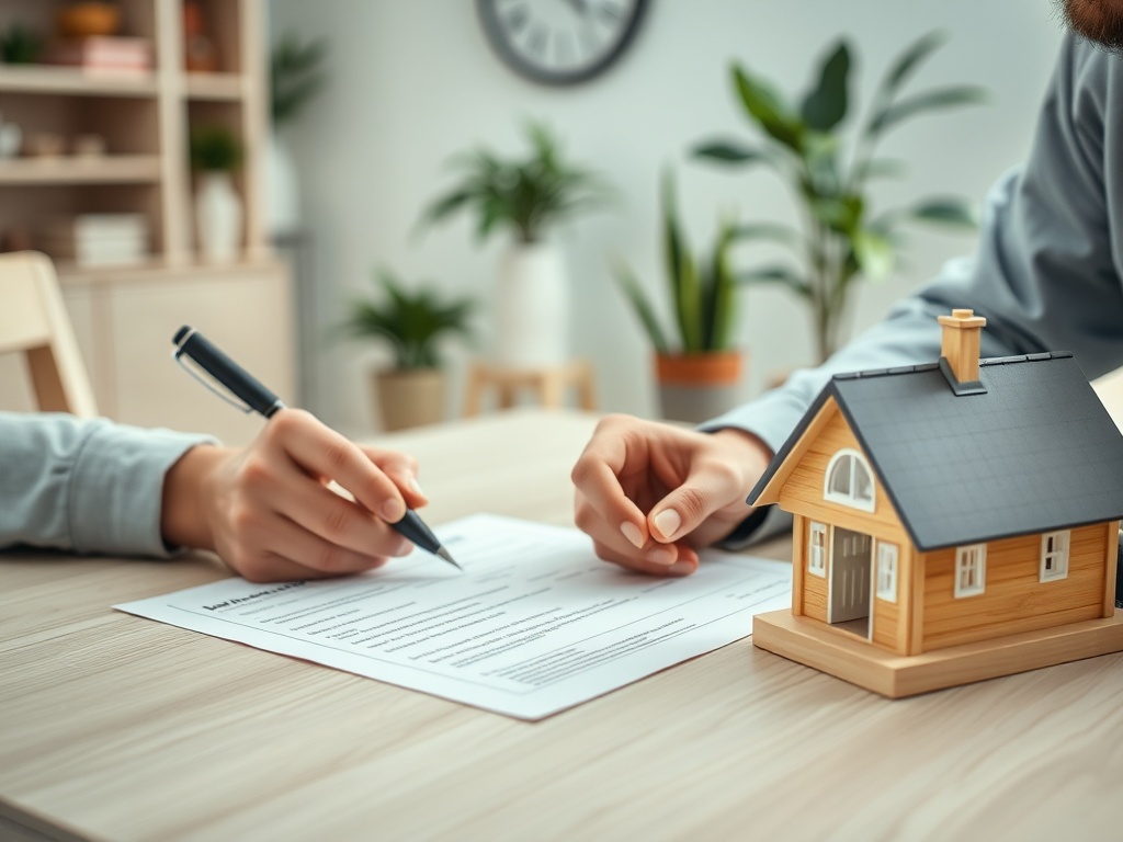 На столе документы и деревянная модель дома. Человек заполняет форму. кабинет с растениями на заднем плане.