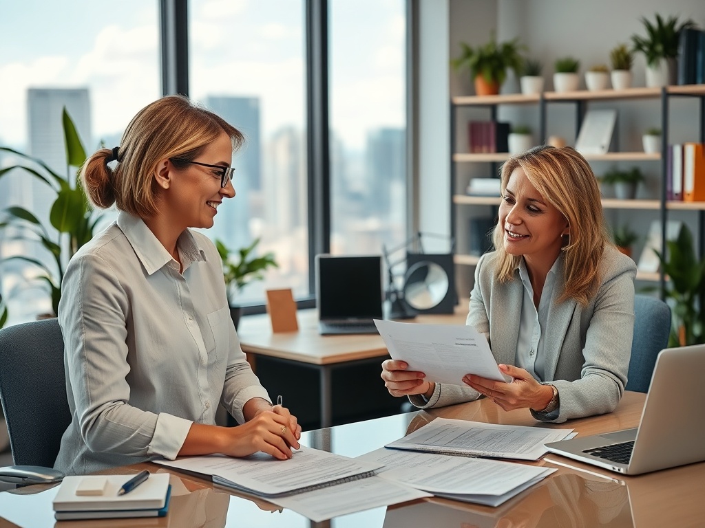 Две женщины в офисе обсуждают документы, улыбаясь и общаясь за столом. Современный интерьер и офисная обстановка.