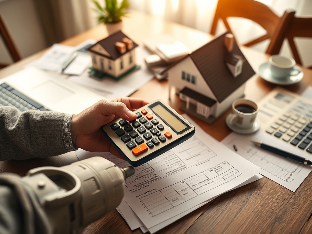 На столе документы, калькулятор и модель дома; за работой мужчина в свитере. Чашка кофе рядом.