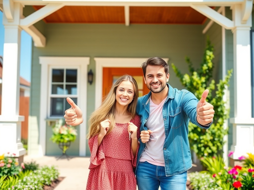 Счастливая пара стоит у дома, улыбается и поднимает большие пальцы вверх, радуясь моменту.