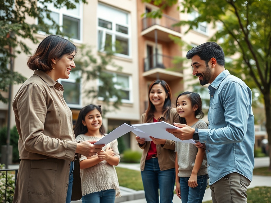 На улице группа людей обсуждает документы, улыбаются и общаются с позитивными эмоциями.