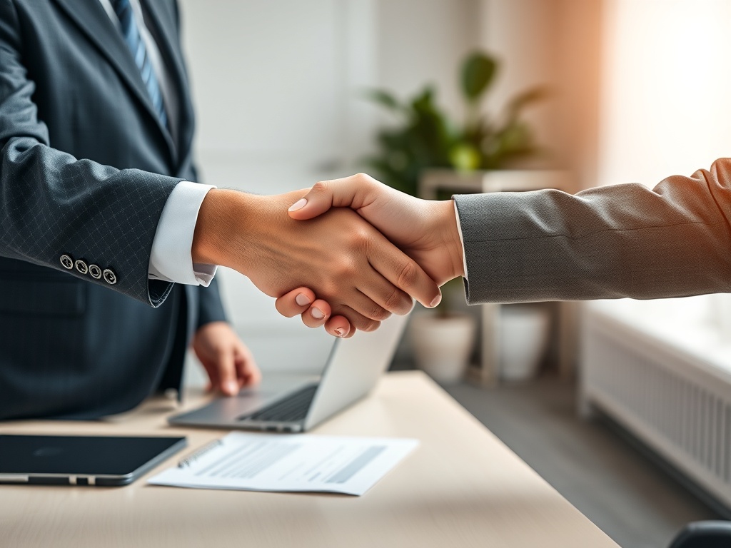 Две руки пожимают друг другу в офисе, символизируя соглашение или сотрудничество.