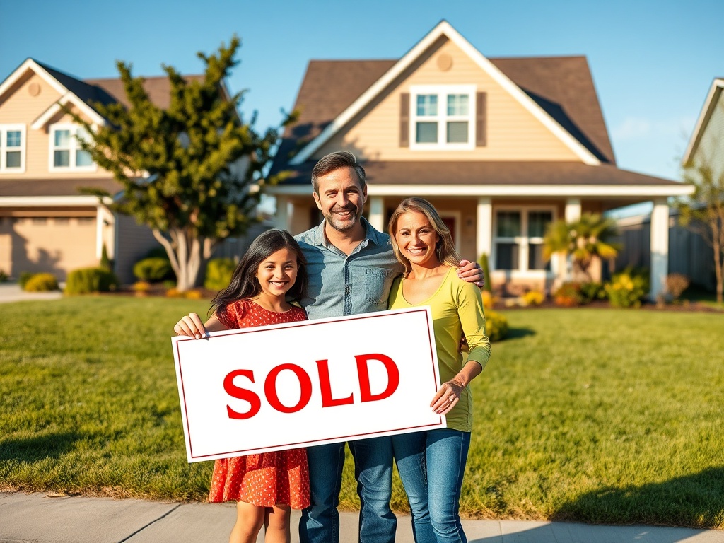Счастливая семья стоит у нового дома с вывеской "ПРОДАНО" на фоне зелёного газона и голубого неба.